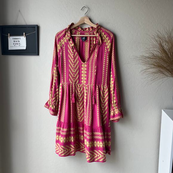 Anthropologie Maeve Dress Pink Yellow Geo Boho Print Tassel Tunic Mini Dress XS‎ - Picture 2 of 9